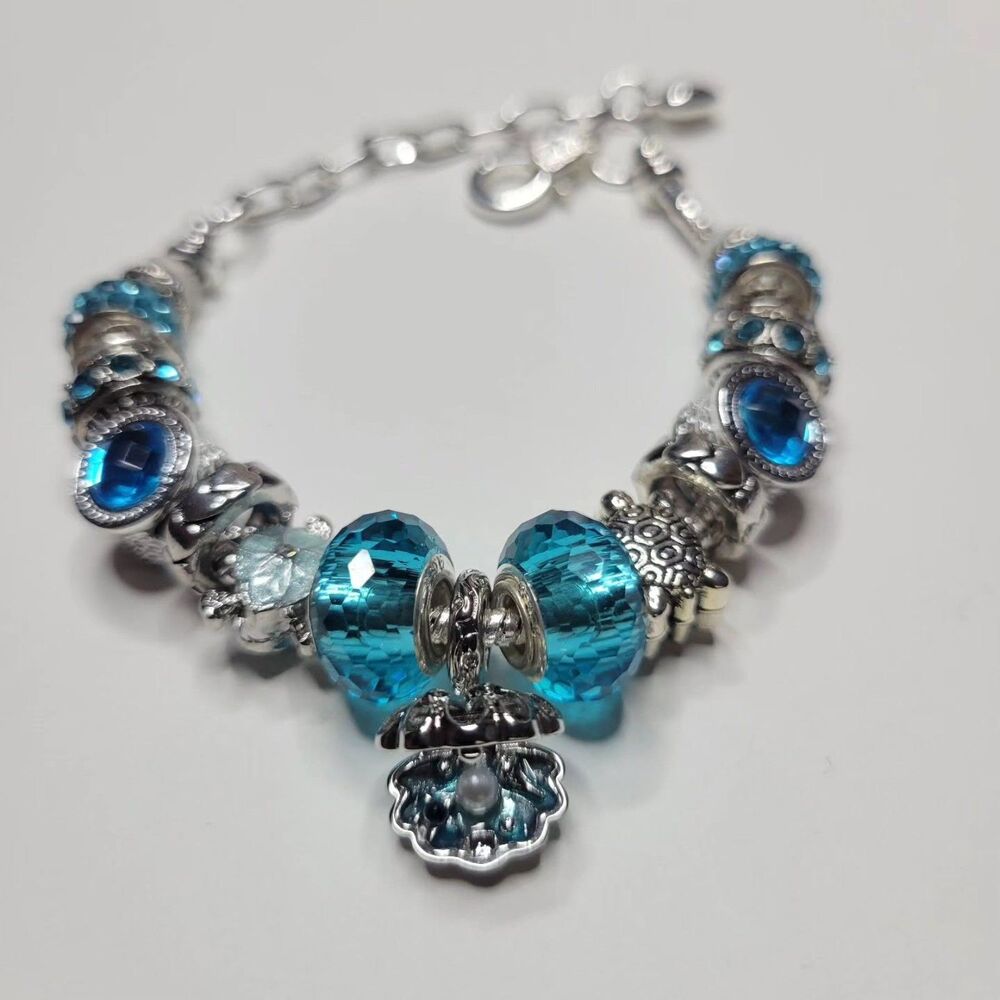 Custom Pandora Style Silver Color Charm Bracelet With S925 Aqua Blue Beads XS